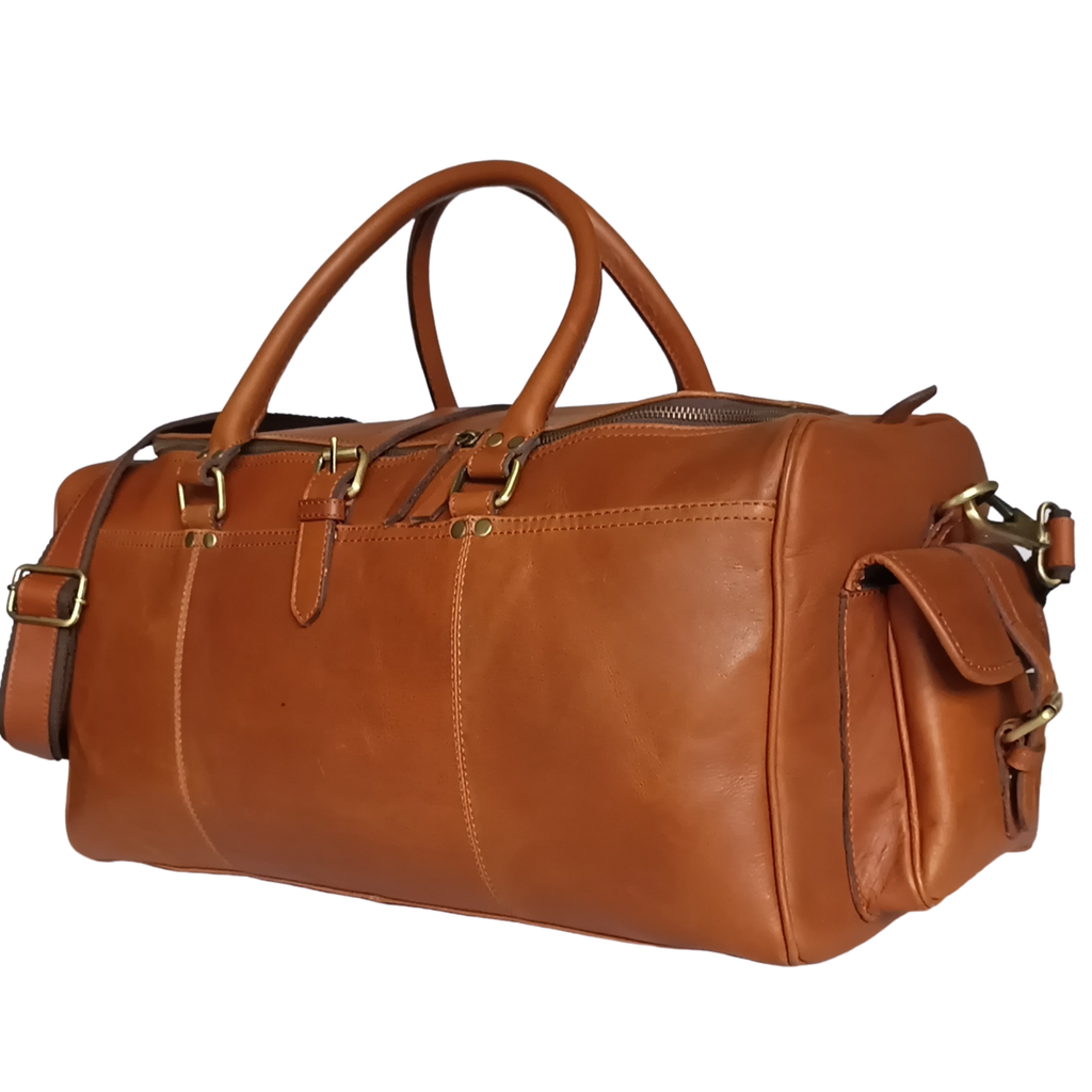 Tan Leather Travel Duffel Bag