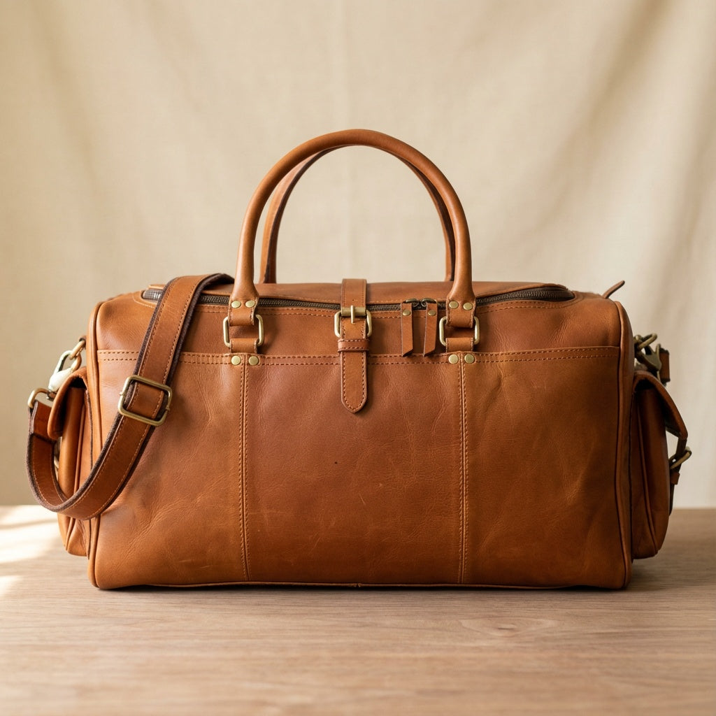 Tan Leather Travel Duffel Bag