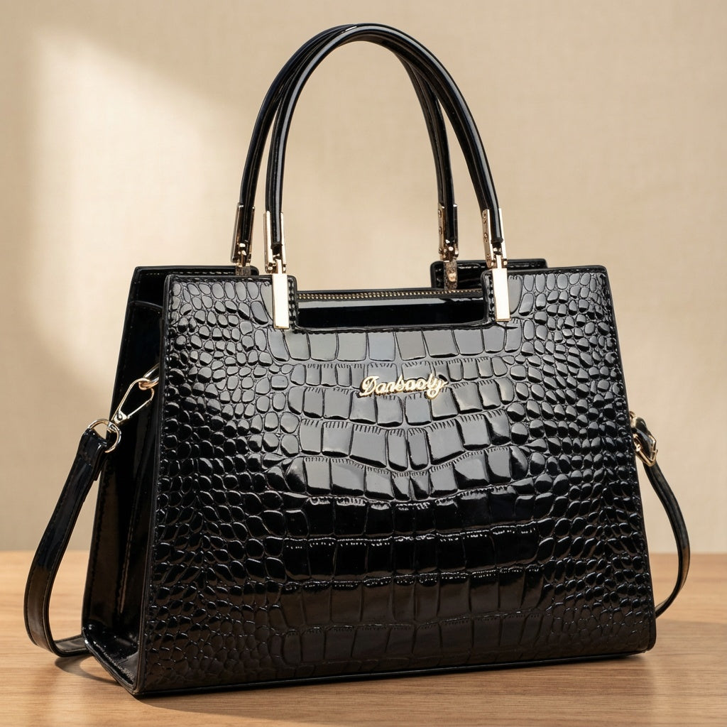 Glossy Handbag with Crocodile Print