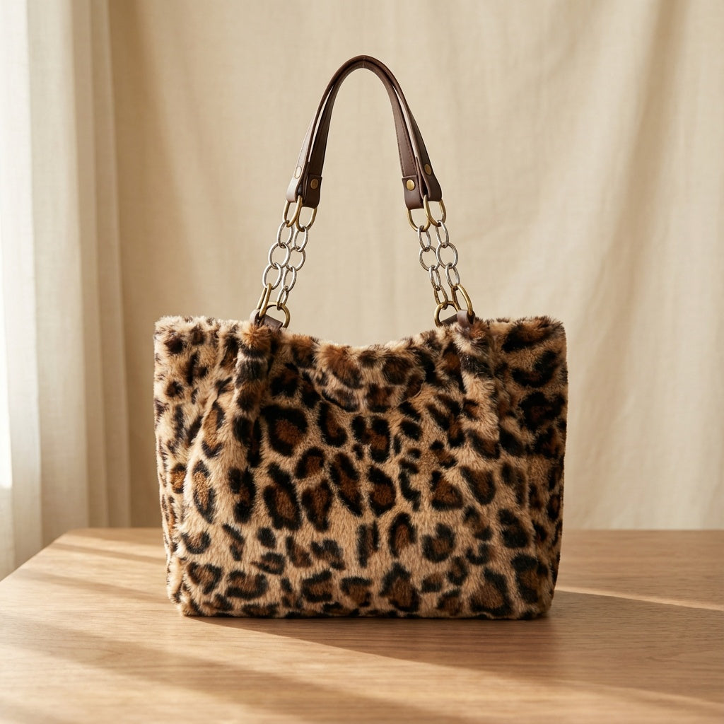 Fashion bag inspired by leopard print made of soft faux fur